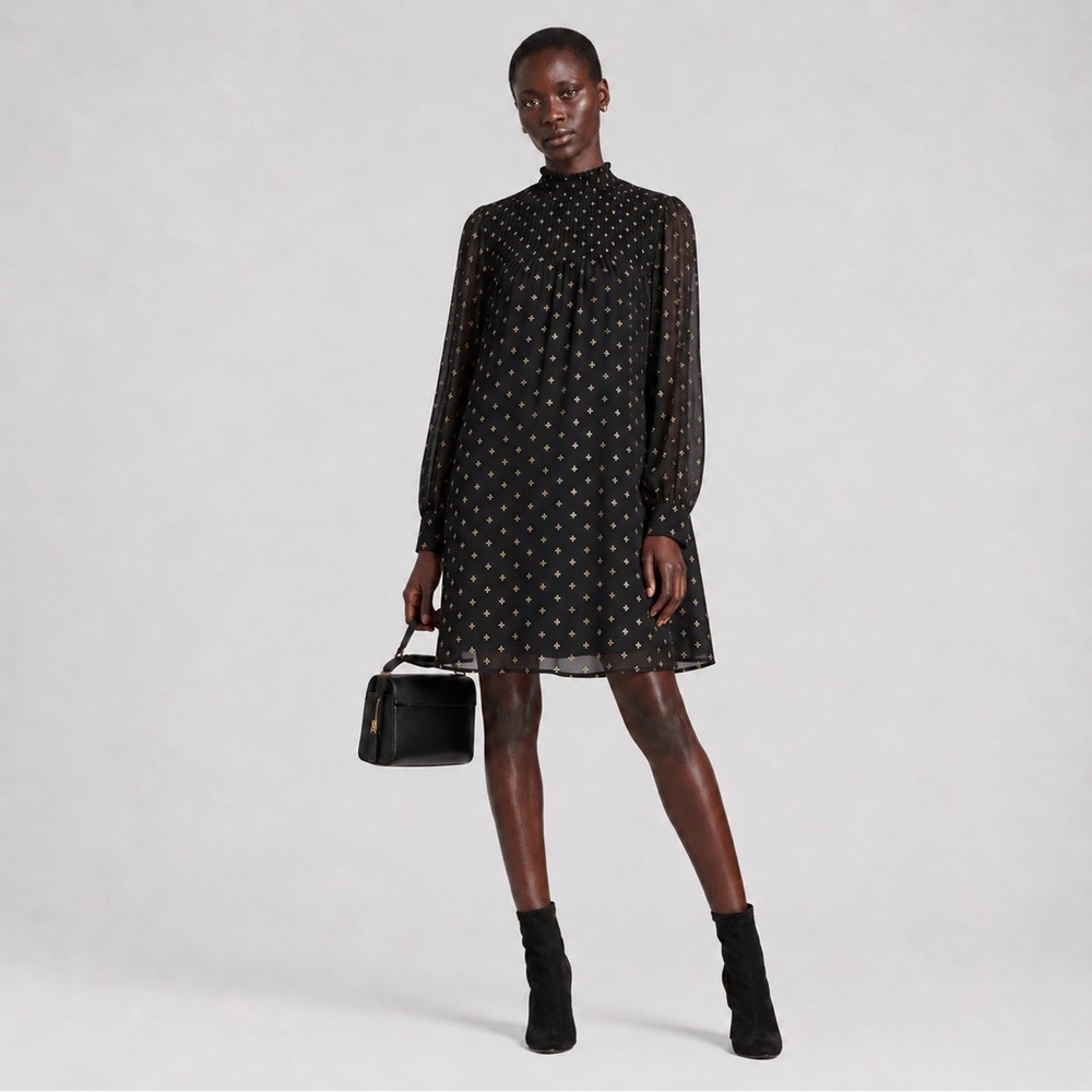 A NEW DAY - Black Gold Foil Smocked Mini Dress Large